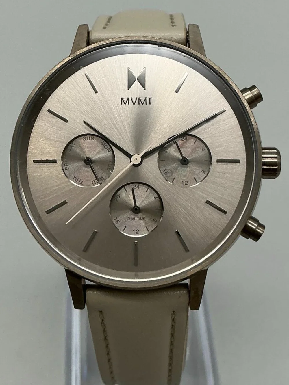 MVMT Nova Lyra Womens Watch 38mm Silver Tone Day Date Leather Band New Battery
